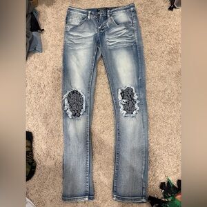 Women's Light Blue Skinny Jeans with Embroidered Knee Panels